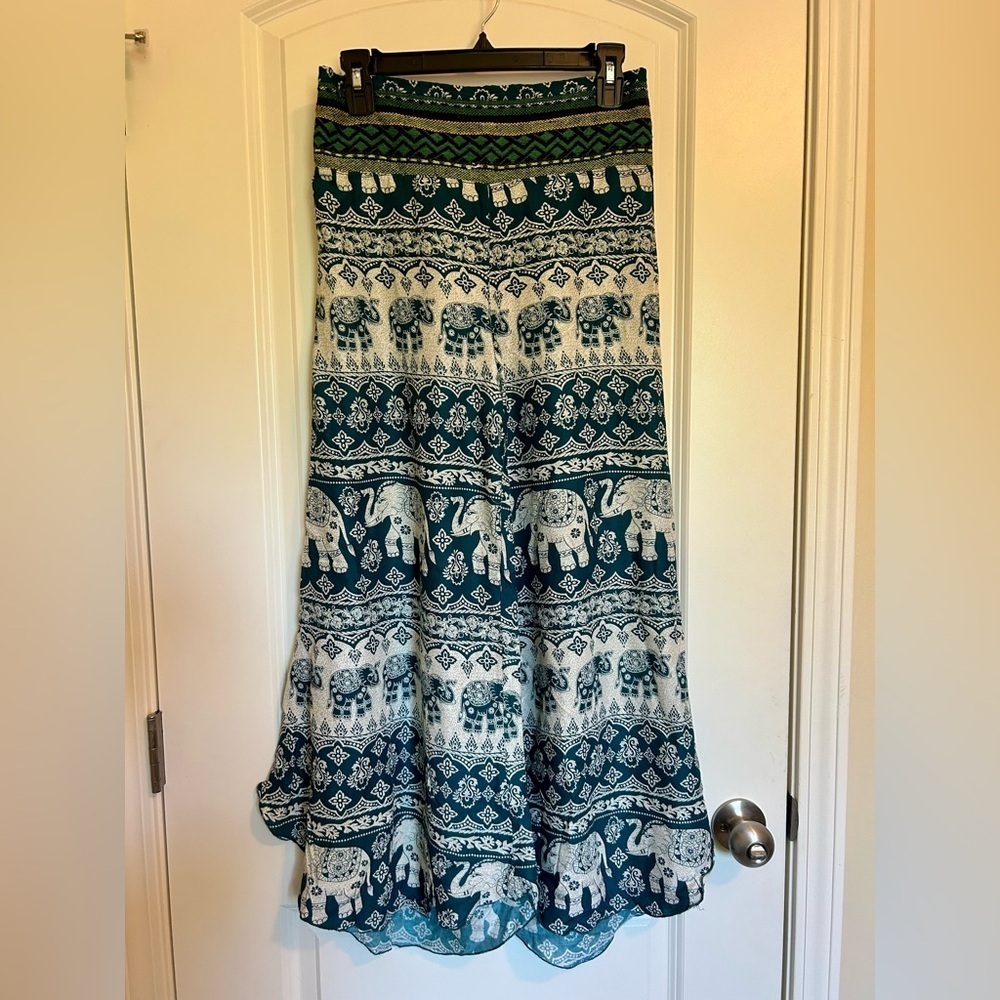 Kathmandu Imports Teal and Yellow Indian boho Patterned wide leg flare pants